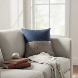 Color Block Pillow Cover Gray Faux Leather & Blue Denim Fabric - thumbnail 2