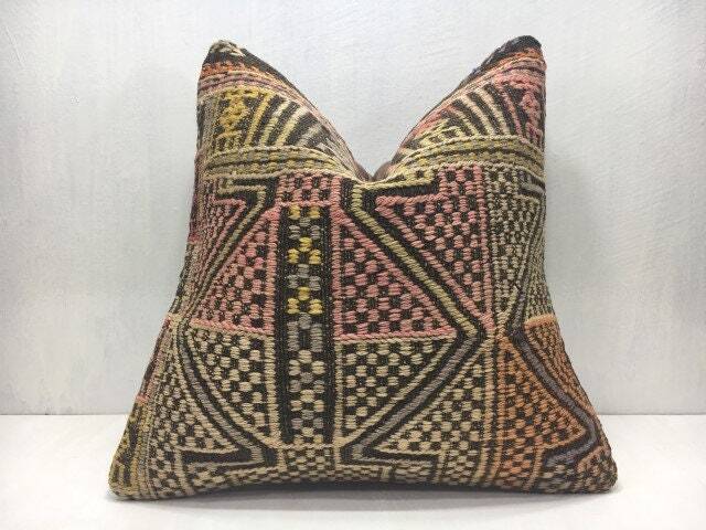 Vintage Turkish Kilim Pillow Cover, Handwoven Sofa Cushion, 16x16 - image 1