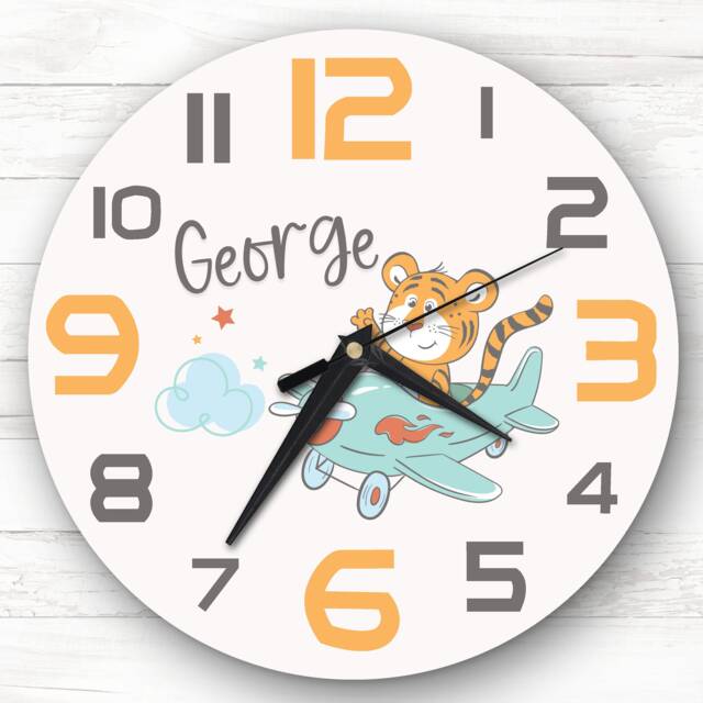 Tiger Flying Plane Baby Boys Room Custom Gift Personalised Clock - image 1