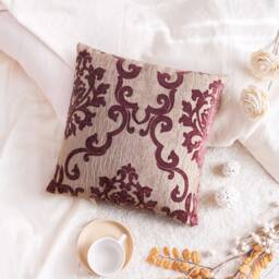 Tyrian Burgundy Purple Tan Throw Pillow Cover, Decorative Cushion Covers, Accent Velour Satin Blend Embossed Designer Farmhouse Cover - thumbnail 2