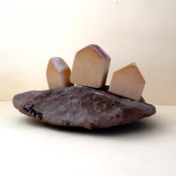 Miniature Ceramic House Sculpture On Natural Stone, Collectible Pottery - thumbnail 3