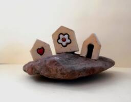 Miniature Ceramic House Sculpture On Natural Stone, Collectible Pottery