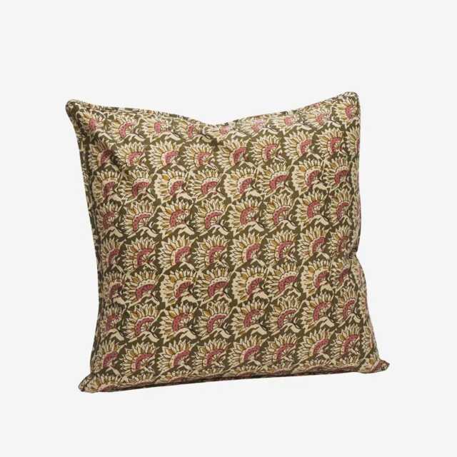Cotton Cushion - Olive Green & Pink Rust Colours Boho With An Indian Block Print Floral Pattern Scatter Sofa Lounge Pillow - image 1