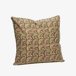 Cotton Cushion - Olive Green & Pink Rust Colours Boho With An Indian Block Print Floral Pattern Scatter Sofa Lounge Pillow - thumbnail 1