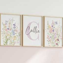Set Of 3 Wildflower Nursery Prints - Custom Name Watercolour Floral Personalised Girl Baby Room Boho Dusky Pink Blue Sage Unframed - thumbnail 2