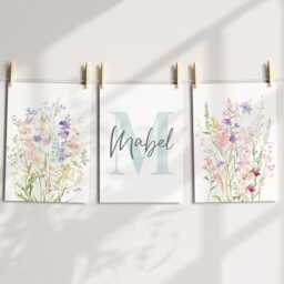 Set Of 3 Wildflower Nursery Prints - Custom Name Watercolour Floral Personalised Girl Baby Room Boho Dusky Pink Blue Sage Unframed - thumbnail 3