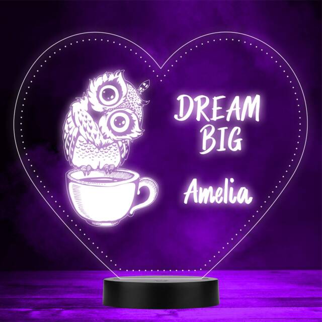 Dream Big Cute Owl in Teacup Heart Led Personalised Gift Night Light - image 1