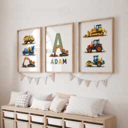 Construction Prints - Set Of 3 Vehicle Nursery Wall Art, Boys Digger & Tractor Bedroom Decor - thumbnail 3