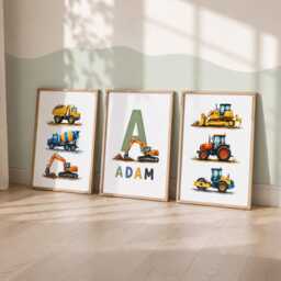 Construction Prints - Set Of 3 Vehicle Nursery Wall Art, Boys Digger & Tractor Bedroom Decor - thumbnail 2