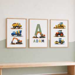 Construction Prints - Set Of 3 Vehicle Nursery Wall Art, Boys Digger & Tractor Bedroom Decor
