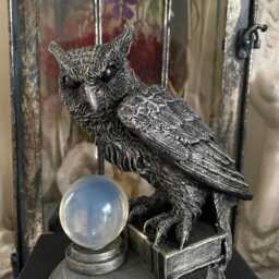 Horned Owl Witch's Familiar Statue, Hand Painted Resin Sculpture - Pagan Folklore Owl Figurine Witchy Art For Gothic Home Decor - thumbnail 3