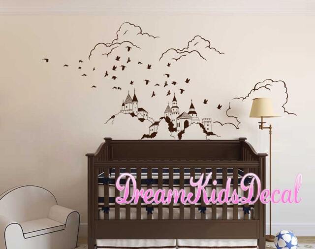 Castle Wall Decal Nursery Room Decor, Mystic Mountain, Flying Birds - image 1