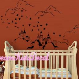 Castle Wall Decal Nursery Room Decor, Mystic Mountain, Flying Birds - thumbnail 2
