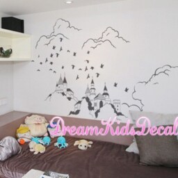 Castle Wall Decal Nursery Room Decor, Mystic Mountain, Flying Birds - thumbnail 3