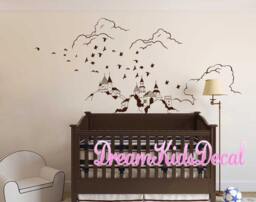 Castle Wall Decal Nursery Room Decor, Mystic Mountain, Flying Birds - thumbnail 1