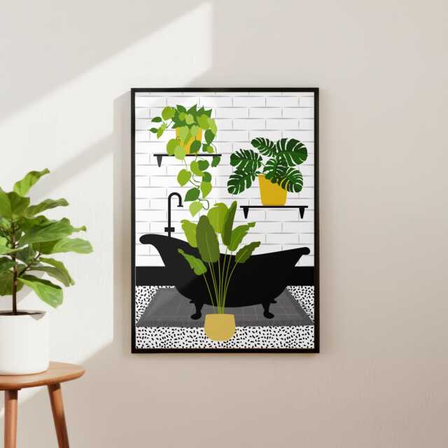 Botanical Bath Art Print. Yellow Maximalist Bathroom Poster. Colourful Toilet Home Decor - image 1