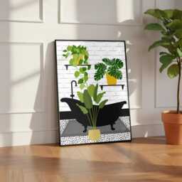 Botanical Bath Art Print. Yellow Maximalist Bathroom Poster. Colourful Toilet Home Decor - thumbnail 2