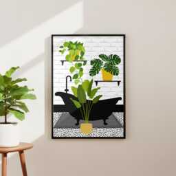 Botanical Bath Art Print. Yellow Maximalist Bathroom Poster. Colourful Toilet Home Decor - thumbnail 1