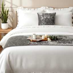 King/Queen Twin Grey Bed Runner With Matching Decorative Throw Pillow Cover, Velvet Foil Embroidery, Damask Modern - thumbnail 3
