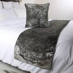 King/Queen Twin Grey Bed Runner With Matching Decorative Throw Pillow Cover, Velvet Foil Embroidery, Damask Modern - thumbnail 2