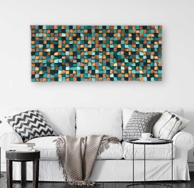 Large Reclaimed Pine Wood Wall Art - Blue Mosaic Decor - image 1