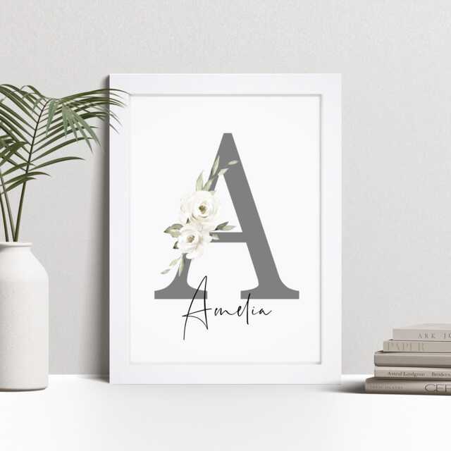 Personalised Floral Initial Name Print - Custom Wall Art Framed Gift - image 1