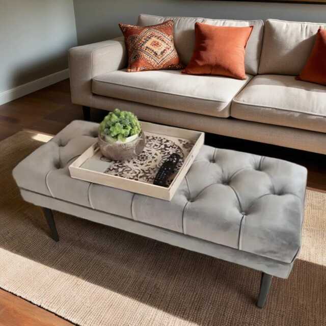 Chesterfield Plush Velvet Ottoman - Silver Tufted Footrest With Black Legs - image 1