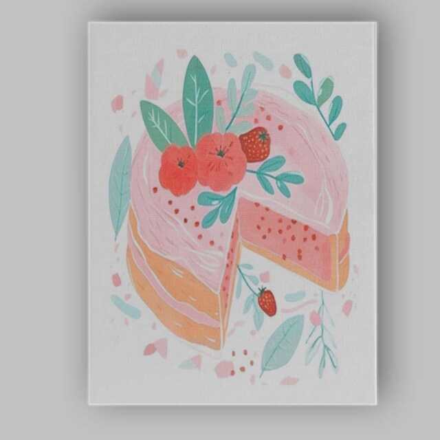 Pink Strawberry Layer Cake Watercolour Dessert Illustration Canvas Wall Art Print Decor Picture Ready To Hang - image 1