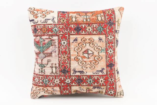 Vintage Turkish Kilim Pillow Cover Handwoven Wool Rug Cushion - 16x16 - image 1