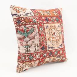 Vintage Turkish Kilim Pillow Cover Handwoven Wool Rug Cushion - 16x16 - thumbnail 3
