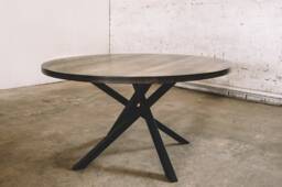 Hand-Crafted Solid Oak Round Dining Table, Black Metal Base - thumbnail 1