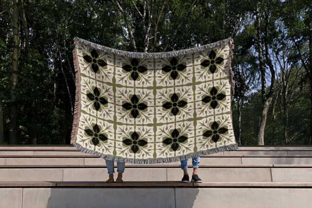Floral Tile Woven Cotton Blanket - Olive Green, Black & Cream - image 1
