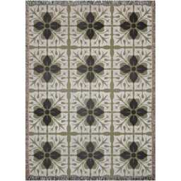 Floral Tile Woven Cotton Blanket - Olive Green, Black & Cream - thumbnail 4