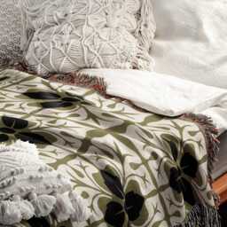 Floral Tile Woven Cotton Blanket - Olive Green, Black & Cream - thumbnail 3