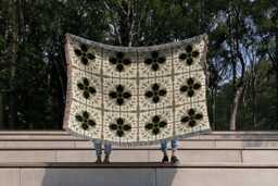 Floral Tile Woven Cotton Blanket - Olive Green, Black & Cream - thumbnail 1