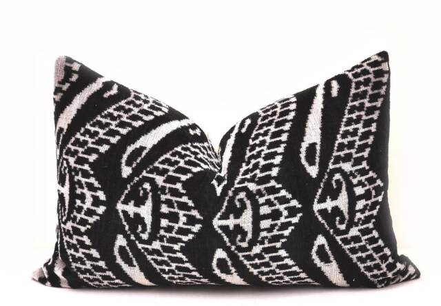 Black Silk Velvet Ikat Pillow Cover, Handmade Decorative Cushion - image 1