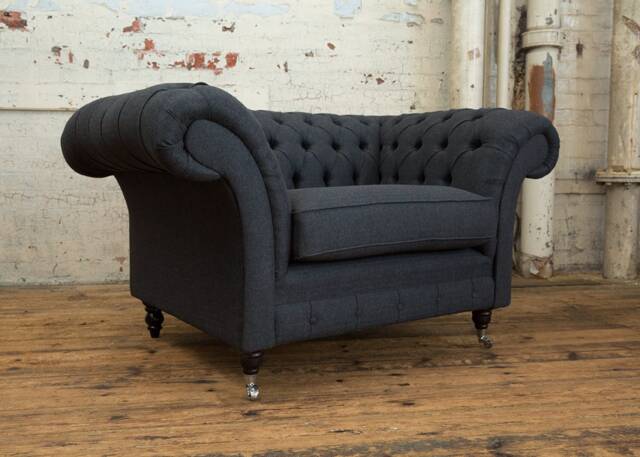 Charcoal Grey Herringbone Wool Fabric Chesterfield Snuggle Armchair, British Handmade Furniture - image 1
