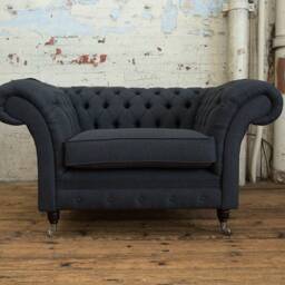 Charcoal Grey Herringbone Wool Fabric Chesterfield Snuggle Armchair, British Handmade Furniture - thumbnail 2