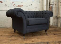 Charcoal Grey Herringbone Wool Fabric Chesterfield Snuggle Armchair, British Handmade Furniture