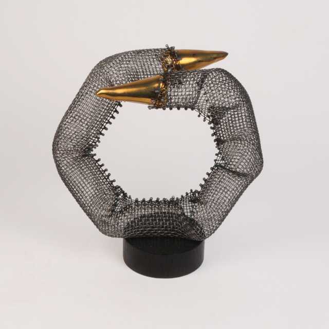 "steel Wire Mesh Sculpture With Gold Ceramic, Abstract Table Decor 8"" T X 7" - image 1