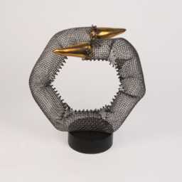 "steel Wire Mesh Sculpture With Gold Ceramic, Abstract Table Decor 8"" T X 7"