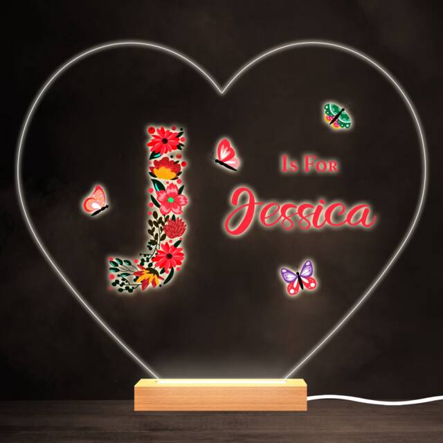Floral Alphabet Butterflies Letter J Heart Personalised Gift Lamp Night Light - Bedroom - image 1