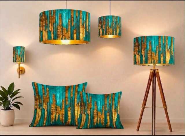 Handmade By Order Luxurious Abstract Jade Green Teal Gold Drum Velvet Lamp Shade Pendant Light All Sizes & Shapes Available - image 1