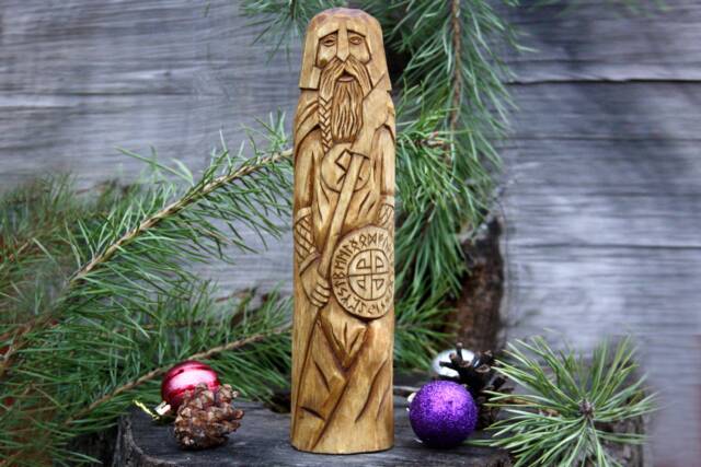 Norse God Odin Hand Carved Wooden Statue Viking Decor - 9.84 Inches - image 1