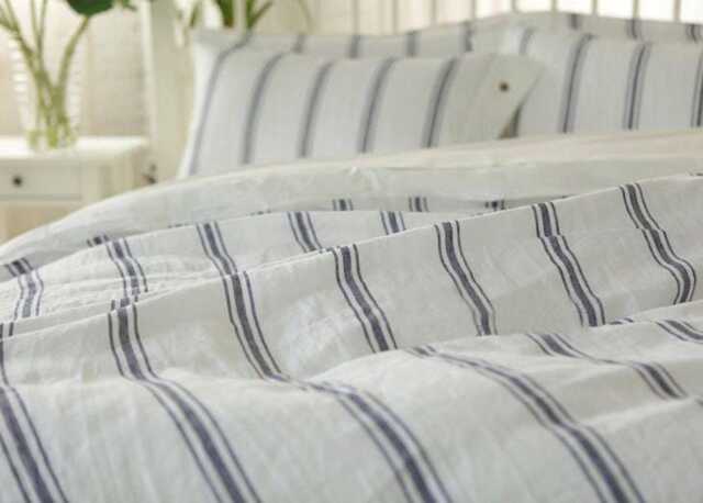 Set Of 3 Stone Washed Pure Linen, White & Blue Striped Bedding Linen, Bed Set Duvet Cover + 2 Pillowcases - image 1