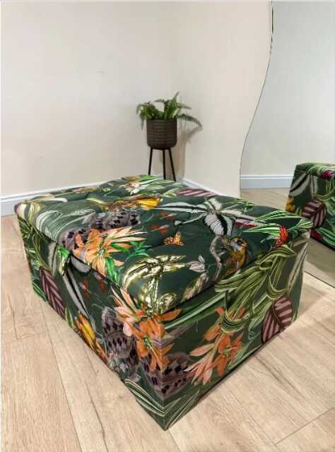 Green Floral Velvet Ottoman With Storage - Rainforest Footstool - image 1