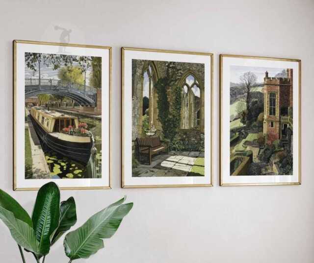 England Wall Art Set Of 3, Countryside Prints, Canal Boat & Manor House Decor, Rustic British Landscape For Living Room - image 1