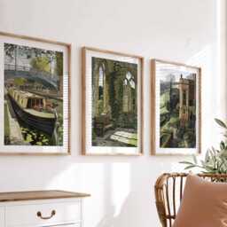 England Wall Art Set Of 3, Countryside Prints, Canal Boat & Manor House Decor, Rustic British Landscape For Living Room - thumbnail 2