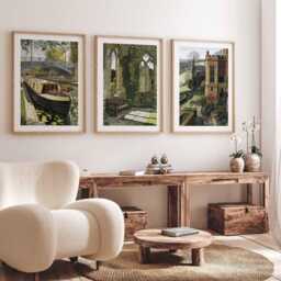 England Wall Art Set Of 3, Countryside Prints, Canal Boat & Manor House Decor, Rustic British Landscape For Living Room - thumbnail 3