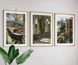 England Wall Art Set Of 3, Countryside Prints, Canal Boat & Manor House Decor, Rustic British Landscape For Living Room - thumbnail 1